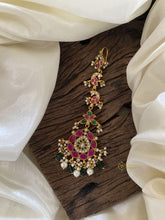 Red White Precious Kundan Jadau Maang Tikka -Tilak Floral-Green Bead and Pearls - J2020